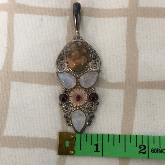 Large Sterling Pendant with Rainbow Moonstone, Jasper, Garnet, & Mother of Pearl - Picture 4 of 7